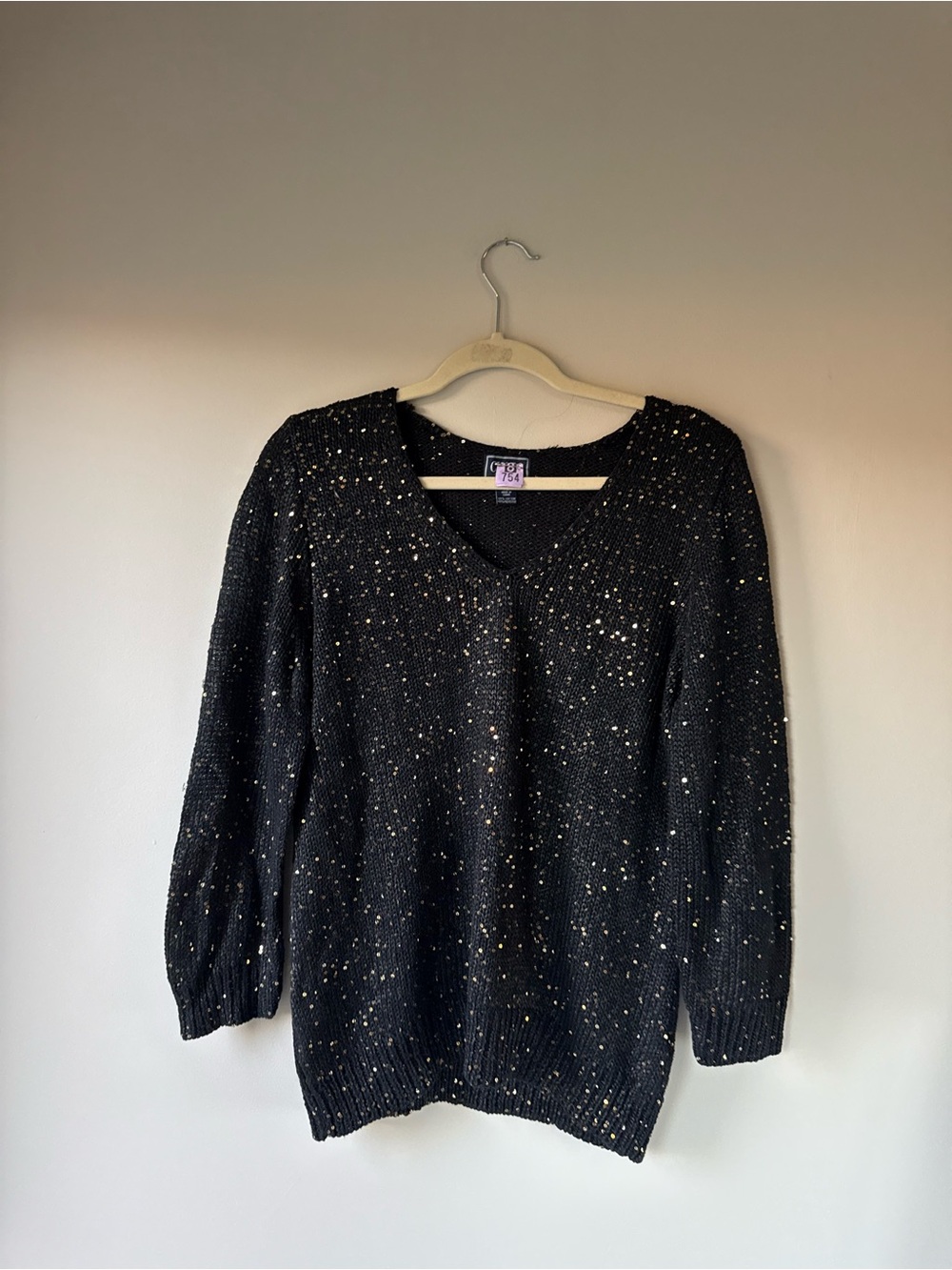 Chaps New Years Eve Oversized Black Sequin V-Neck Knit Sweater